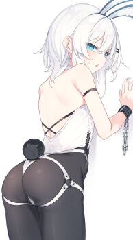 1girl against_wall animal_ear_hairband animal_ears ass back backless_leotard black_pantyhose blue_eyes chain commentary_request fake_animal_ears fake_tail from_behind hair_ornament hairband hairclip highres leaning_forward leotard long_hair looking_at_viewer looking_back open_mouth original otokuyou paid_reward_available pantyhose parallel_hairclips playboy_bunny rabbit_ear_hairband rabbit_ears rabbit_tail ringo-chan_(otokuyou) simple_background solo tail white_background white_hair white_leotard