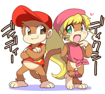1boy 1girl :3 :o ape arm_behind_back barefoot baseball_cap beret blonde_hair blush bottomless brown_eyes chimpanzee couple crossed_arms diddy_kong dixie_kong donkey_kong_(series) drill_hair earrings eromame feet furry green_eyes hat heart jewelry long_hair looking_at_another monkey monkey_tail nintendo open_mouth pink_headwear ponytail red_headwear shy simple_background smile standing tail text_focus toes translated twin_drills white_background