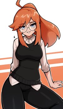 1girl ahoge black_pants black_sweater_vest blue_eyes breasts collared_shirt commentary commission cowboy_shot english_commentary freckles glasses highres long_hair looking_at_viewer medium_breasts oninuer orange_hair original pants parted_lips round_eyewear shirt sidelocks smile solo sweater_vest swept_bangs white_background white_shirt