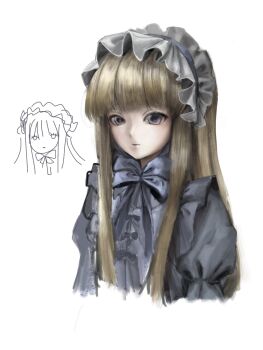 1girl black_souls black_souls_2 blonde_hair blue_bow blue_bowtie blue_dress bow bowtie ch4nda commentary_request doll_alice_(black_souls) dress expressionless frilled_hairband frills hairband highres long_hair looking_at_viewer simple_background solo white_background white_hairband