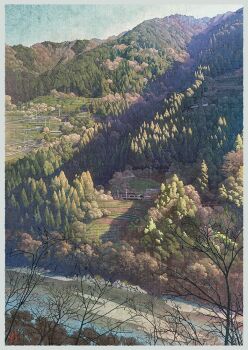 bare_tree blue_sky border commentary_request day grey_border mountain mugumo_24k nagano_prefecture no_humans original outdoors real_world_location revision river scenery sky train train_station tree utility_pole