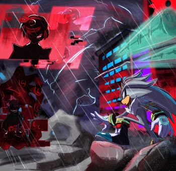 1girl 2boys aged_up alternate_costume alternate_design alternate_hair_length alternate_hairstyle animal_ears animal_nose battle black_dress black_sclera body_fur boots bracelet colored_sclera cyberspace dress furry furry_male glitch gloves gold_bracelet grey_fur hair_over_one_eye hedgehog_boy humanoid_robot jewelry metal_sonic multicolored_hair multiple_boys neo_sage_(sonic) nullvoxxed one_eye_covered open_mouth pixel_eyes pointy_nose rain red_eyes red_hair robot sage_(sonic) science_fiction short_hair short_tail silver_the_hedgehog sonic_(series) tail telekinesis white_gloves white_hair yellow_eyes