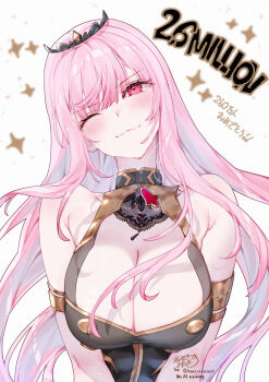1girl absurdres armlet blush breasts cleavage gold_armlet head_tilt highres hololive hololive_english jewelry kamiya_maneki large_breasts long_hair milestone_celebration mori_calliope mori_calliope_(1st_costume) one_eye_closed pink_eyes pink_hair signature smile sparkle tiara twitter_username virtual_youtuber