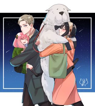 1boy 2girls animal anya_(spy_x_family) bag black_bow black_bowtie black_hair black_pantyhose black_shoes bond_(spy_x_family) border bow bowtie child closed_eyes coat cow dog dress drooling earrings gold_earrings green_bag green_dress grey_coat grey_socks hair_between_eyes hairband hairpods highres holding holding_animal holding_dog jewelry leash mouth_drool multiple_girls night orange_coat pantyhose shoes short_hair shoulder_bag sidelocks sky sleeping socks spy_x_family sweatdrop twilight_(spy_x_family) umini_ikukara walking white_border white_hairband yor_briar