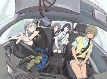 Rule 34 | 5girls, absurdres, anglediana, awa subaru, black hair, black shirt, blonde hair, car, car interior, chinese commentary, closed eyes, commentary request, dark-skinned female, dark skin, driving, ebizuka tomo, fisheye, foreshortening, gear shift, girls band cry, highres, iseri nina, kawaragi momoka, long hair, looking at another, mole, mole under eye, motion blur, motor vehicle, multiple girls, plaid clothes, plaid skirt, purple eyes, revision, rupa (girls band cry), shirt, sitting, skirt, smile, steering wheel, sunglasses, togenashi togeari, unworn eyewear, white shirt