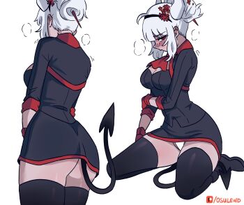 1girl absurdres black_boots black_shirt black_skirt black_thighhighs blush boots breasts cleavage cleavage_cutout clothing_cutout demon_girl demon_horns demon_tail hashtag-only_commentary helltaker highres horns looking_at_viewer lucifer_(helltaker) multiple_views osulan panties panty_peek patreon_logo red_eyes shirt skirt standing tail thighhighs underwear white_hair white_panties