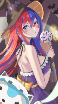 1girl alternate_costume back backless_dress backless_outfit bat_(animal) blue_eyes blue_hair blush breasts candy character_request closed_mouth dress female_alear_(fire_emblem) fire_emblem fire_emblem_engage food halloween halloween_costume hat highres holding holding_candy holding_food large_breasts long_hair looking_at_viewer looking_to_the_side multicolored_hair nintendo red_eyes red_hair ribbon sleeveless smile solo sommie_(fire_emblem) split-color_hair tarutaru193 two-tone_hair upper_body waist_ribbon witch_hat yellow_ribbon