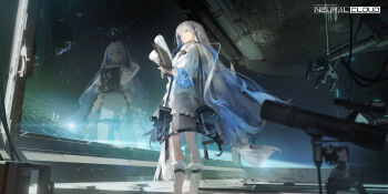 Rule 34 | 1girl, absurdres, artist request, blue eyes, blue hair, clipboard, copyright name, dress, foot out of frame, from side, girls' frontline, girls' frontline neural cloud, grey hair, highres, holding, holding clipboard, holding paper, hubble (neural cloud), long hair, looking at viewer, multicolored hair, official art, paper, reflection, solo, standing, streaked hair, telescope, very long hair, white dress
