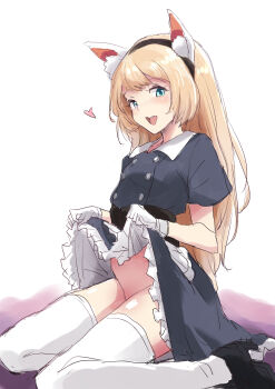 1girl animal_ear_fluff animal_ears black_dress black_shoes blonde_hair blue_eyes cat_ears clothes_lift commentary_request dress dress_lift fake_animal_ears frilled_dress frills fuji_(pixiv24804665) gloves heart highres jervis_(kancolle) kantai_collection lifting_own_clothes long_hair looking_at_viewer no_panties shoes short_sleeves sketch solo teeth thighhighs upper_teeth_only white_gloves white_thighhighs