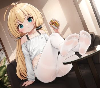 1girl ahoge ass blonde_hair burger chair commentary comodox eating english_commentary feet food green_eyes highres indoors legs long_hair looking_at_viewer low_twintails midriff miu_(comodox) no_pants no_shoes original panties panties_under_pantyhose pantyhose shirt sitting soles solo table thighs toes twintails underwear white_panties white_pantyhose white_shirt window