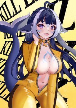 Rule 34 | 1girl, ahoge, blue eyes, blue hair, blue tail, body markings, bodysuit, breasts, cowboy shot, heart, heart-shaped pupils, heart ahoge, highres, indie virtual youtuber, kill bill, large breasts, open mouth, orca girl, shylily, shylily (4th costume), solo, starlet art, symbol-shaped pupils, virtual youtuber, yellow bodysuit, zipper