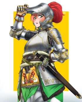 Rule 34 | 1girl, absurdres, arm behind back, armor, armored skirt, belt, border, brown belt, chainmail, couter, cuirass, gauntlets, green eyes, green skirt, grey armor, helm, helmet, highres, knight, looking at viewer, nadsaeng, open mouth, original, pauldrons, pink hair, rerebrace, scabbard, sheath, sheathed, shoulder armor, simple background, skirt, solo, sword, upper body, vambraces, visor (armor), visor lift, weapon, white border, yellow background
