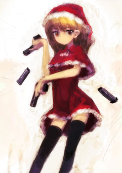 Rule 34 | 1girl, bad id, bad pixiv id, christmas, dual wielding, female focus, gradient background, gun, handgun, highres, holding, lm7 (op-center), magazine (object), magazine (weapon), magazine ejection, santa costume, semi-automatic pistol, solo, thighhighs, trigger discipline, weapon, white background, witness holes