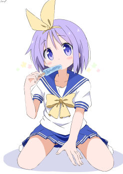 1girl absurdres between_legs blue_sailor_collar blue_skirt blush bow bow_hairband bowtie choppy_bangs commentary_request cynical_(llcbluckg_c004) dot_nose eating fellatio food hairband hand_between_legs hand_up highres hiiragi_tsukasa holding holding_food holding_popsicle looking_at_viewer lucky_star melting_popsicle miniskirt oral pleated_skirt popsicle purple_eyes purple_hair ryouou_school_uniform sailor_collar school_uniform serafuku shirt short_sleeves signature simple_background simulated_fellatio sitting skirt solo spread_legs wariza white_background white_shirt yellow_bow yellow_bowtie yellow_hairband