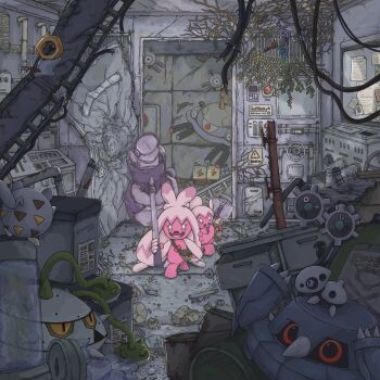 :d absurdly_detailed_composition aron bag blue_eyes brown_bag claws colored_skin commentary_request door ferrothorn floating gen_1_pokemon gen_3_pokemon gen_4_pokemon gen_5_pokemon gen_6_pokemon gen_7_pokemon hammer highres holding holding_hammer indoors klang klefki loaded_interior machine magnemite magnezone meltan metang mythical_pokemon nintendo no_humans open_mouth overgrown pink_skin pokemon pokemon_(creature) red_eyes rock rust shoulder_bag smile tinkaton tinkatuff togedemaru tora_(tsmc5353) walking yellow_eyes