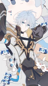 Rule 34 | 1boy, antenna hair, aqueasirius, armor, black choker, black shirt, blue eyes, blush, cake cat (honkai: star rail), chimera (honkai: star rail), choker, coat, highres, honkai: star rail, honkai (series), looking at viewer, male focus, neck tattoo, parted bangs, pauldrons, phainon (coconut snow cap) (honkai: star rail), phainon (honkai: star rail), phainon (vigethos) (honkai: star rail), shirt, short hair, shoulder armor, single pauldron, solo, sun symbol, sun tattoo, tan, tattoo, white coat, white hair