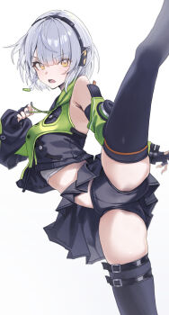 1girl anby_demara bare_shoulders black_gloves black_shorts black_skirt black_thighhighs braid braided_sidelock commentary_request detached_sleeves fingerless_gloves gloves green_jacket green_sleeves grey_hair headphones highres jacket leg_up looking_at_viewer midriff multicolored_sleeves open_mouth orange_eyes short_hair shorts simple_background skirt solo split standing standing_on_one_leg standing_split sweatdrop thighhighs tooyon v-shaped_eyebrows white_background zenless_zone_zero