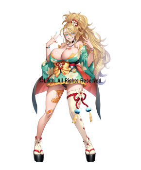 1girl asymmetrical_legwear blonde_hair blue_eyes blue_nails breasts cleavage commentary_request copyright_notice double_v fish_tattoo full_body grin gyaru highres huge_breasts japanese_clothes kimono leg_tattoo looking_at_viewer natalie_fletcher official_art over_shoulder pink_nails ponytail second-party_source shindol simple_background single_thighhigh smile solo standing taimanin_(series) taimanin_rpgx tattoo thighhighs v white_background yukata