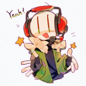 1boy :d absurdres bald black_gloves black_sweater blush charles_calvin chinese_commentary colored_skin commentary_request cropped_torso english_text film_grain fingerless_gloves fur-trimmed_jacket fur_trim gloves green_eyes green_jacket grey_background headset henry_stickmin_(series) highres jacket long_sleeves looking_at_viewer male_focus muchuizzzzz nose_blush open_clothes open_jacket open_mouth outline pink_outline procreate_(medium) puffy_long_sleeves puffy_sleeves reaching reaching_towards_viewer simple_background smile solo star_(symbol) sweater turtleneck turtleneck_sweater white_skin |_|