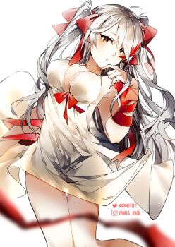 1girl alternate_costume artist_name azur_lane breasts cleavage commentary dress grey_hair hair_ribbon highres large_breasts long_hair looking_at_viewer orange_eyes prinz_eugen_(azur_lane) red_ribbon red_streaks ribbon simple_background sleeveless sleeveless_dress solo very_long_hair white_background white_dress yane_(gokuderanyan)