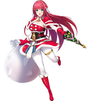 1girl blue_eyes boots breasts capelet choukou_(alicesoft) choukou_taisen_escalation_heroines choukou_tenshi_escalayer dress escalayer full_body fur_trim gloves holding holding_sack kouenji_sayuka large_breasts leg_up long_hair official_art onigirikun pantyhose red_boots red_capelet red_dress red_gloves red_hair sack solo tachi-e white_pantyhose