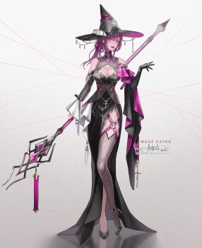 1girl absurdres alternate_costume bare_shoulders black_dress black_footwear black_gloves black_hat black_thighhighs breasts character_name cleavage cleavage_cutout clothing_cutout commentary cross cross_earrings detached_sleeves dress earrings english_commentary fishnet_thighhighs fishnets full_body gloves gradient_background hat high_heels highres holding holding_staff honkai:_star_rail honkai_(series) jewelry kafka_(honkai:_star_rail) large_breasts lips long_hair looking_at_viewer parted_lips princess_ailish purple_eyes purple_hair signature single_glove single_thighhigh sleeveless sleeveless_dress smile solo staff thighhighs typo witch_hat