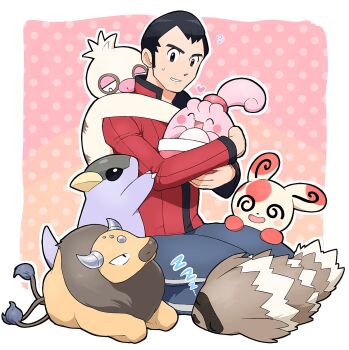 1boy @_@ ^_^ arms_around_neck black_hair black_trim blue_pants blush_stickers border closed_eyes egg flying_sweatdrops gen_1_pokemon gen_3_pokemon gen_4_pokemon happiny heart holding holding_pokemon hoshi_(star-name2000) jacket kangaskhan kneeling male_focus nintendo norman_(pokemon) open_mouth pants pokemon pokemon_(creature) pokemon_on_back pokemon_rse polka_dot polka_dot_background red_jacket sideburns single_vertical_stripe slakoth sleeping smile spinda sweatdrop tauros white_border zigzagoon zzz