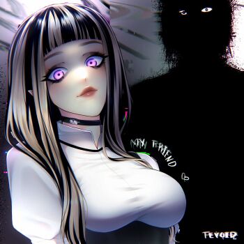 1girl 1other black_choker black_hair blunt_bangs breasts choker closed_mouth commentary english_commentary glitch grey_hair heart highres large_breasts lips long_hair looking_at_viewer multicolored_hair original pointy_ears purple_eyes shirt silhouette solo_focus taut_clothes taut_shirt teyoid two-tone_hair upper_body white_shirt