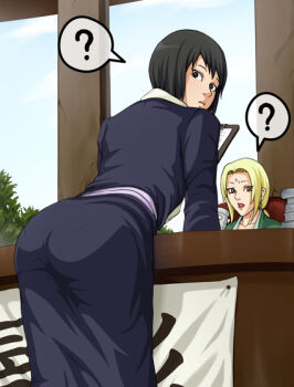 Rule 34 | 2girls, ?, ass, black hair, blonde hair, desk, facial mark, forehead mark, from behind, japanese clothes, leaning forward, lipstick, looking back, makeup, multiple girls, naruto (classic), naruto (series), pantylines, shizune (naruto), short hair, tk (tk's level4), tsunade (naruto), walk-in, window