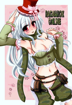 1girl 2000s_(style) arm_up armpits belt bloomers blush bow bra_strap breasts brown_belt camouflage camouflage_shorts cleavage commentary_request copyright_name cowboy_shot detached_sleeves frilled_hat frills green_shorts green_sleeves green_tube_top hat hat_bow long_hair looking_at_viewer medium_breasts midriff navel open_mouth paw_print paw_print_background pink_background pink_bow ragnarok_online ranger_(ragnarok_online) red_eyes red_hat shorts sleeve_bow smile solo strapless suisui_(hakkindou) top_hat tube_top underwear white_bloomers white_hair