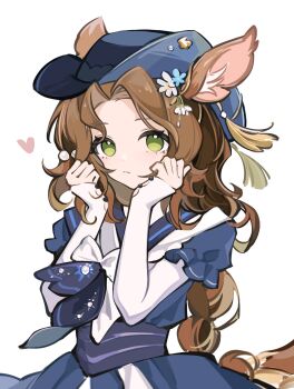 1girl :< absurdres animal_ears blue_hat blue_shirt brown_hair clenched_hands deer_ears deer_girl green_eyes hands_up hat heart highres jessica_(reverse:1999) jessica_(voyage_from_your_bed)_(reverse:1999) layered_sleeves long_braid long_sleeves looking_at_viewer neckerchief official_alternate_costume reverse:1999 sailor_collar shirt short_over_long_sleeves short_sleeves solo upper_body white_background white_neckerchief xixixixizi_jiang