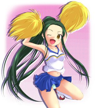 00s armpits arms_up blush brown_eyes cheerleader fang green_hair green_panties highres long_hair midriff miniskirt navel nishi_(count2.4) one_eye_closed panties pleated_skirt pom_pom_(cheerleading) reference_work shoes skirt sleeveless sneakers socks solo standing suzumiya_haruhi_no_yuuutsu tsuruya underwear very_long_hair white_socks wink