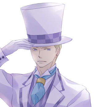 1boy ace_attorney annoyed ashley_graydon blazer blonde_hair blue_necktie buttons closed_mouth collared_jacket collared_shirt commentary_request formal_clothes frown furrowed_brow gloves hand_on_headwear hat jacket lapels long_sleeves looking_at_viewer male_focus necktie notched_lapels purple_eyes purple_vest shirt short_hair simple_background solo striped_clothes striped_vest takamoriwako the_great_ace_attorney thick_lips top_hat upper_body vertical-striped_clothes vertical-striped_vest vest white_background white_gloves white_hat white_jacket white_shirt