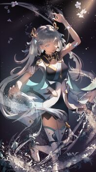 1girl arm_up boots breasts dark_background dress flower foot_out_of_frame hair_rings highres hydrokinesis jinhsi_(wuthering_waves) long_hair medium_breasts meizijie mole mole_on_cheek short_sleeves sleeveless sleeveless_dress solo standing standing_on_one_leg thigh_boots very_long_hair water white_boots white_dress white_flower white_hair wuthering_waves