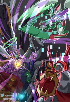 absurdres armor battle cape chest_jewel commentary digimon digimon_(creature) digimon_card_game digimon_liberator double_halo dual_wielding english_commentary exmaquinamon green_armor green_helmet green_wings halo helmet highres holding holding_sword holding_weapon knight medievaldukemon red_cape richard_park sword weapon wings zephagamon