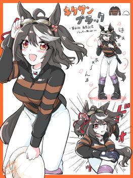 1girl :d ahoge animal_ears black_boots black_hair boots border breasts character_name clothing_cutout cosplay ear_ornament ears_through_headwear goggles goggles_on_head goggles_on_headwear hair_between_eyes helmet highres holding holding_riding_crop holding_unworn_helmet horse_ears horse_girl horse_tail jockey kitasan_black_(umamusume) long_sleeves looking_at_viewer medium_breasts multicolored_hair music musical_note oekaki_takamiy one_eye_closed open_mouth orange_border pants racing_colors real_life red_eyes riding_crop running shirt short_hair simple_background singing smile solo streaked_hair striped_clothes striped_shirt tail tail_through_clothes take_yutaka take_yutaka_(cosplay) twitter_username umamusume unworn_headwear unworn_helmet white_background white_hair white_helmet white_pants