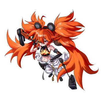 1girl absurdres ahoge animal_ears bare_shoulders bear_ears black_gloves breasts crop_top eyepatch fake_animal_ears fingerless_gloves gloves hair_between_eyes hair_ornament highres holding koleda_belobog konpeki_no_sora_(artist) long_hair looking_at_viewer midriff navel pants red_eyes red_hair simple_background solo sphere_hair_ornament twintails white_background zenless_zone_zero