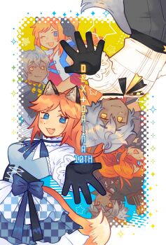 1boy 1girl ;d animal_ear_fluff animal_ears anniversary bandana black_corset black_gloves blue_bow blue_eyes blush border bow breasts character_name commentary corset daina_(vocaloid) dark-skinned_male dark_skin dex_(vocaloid) dress english_commentary fang fox_ears fox_girl gloves grey_hair grey_pants highres hoshizora_lone looking_at_viewer multiple_views one_eye_closed open_mouth outstretched_arm pants ponytail shirt smile star_(symbol) vocaloid white_border white_shirt wolf_ears wolf_girl