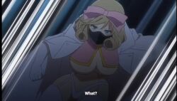 1girl animated breasts brown_hair cape cloud crop_top from_below green_eyes hair_ribbon haruka_(senran_kagura) large_breasts mask medium_hair navel night night_sky revealing_clothes ribbon senran_kagura sky solo tagme thighhighs underboob video