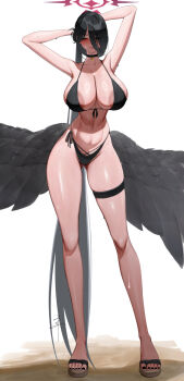 1girl areola_slip arms_behind_head bikini black_bikini black_hair black_nails black_wings blue_archive breasts choker closed_eyes commentary_request feathered_wings hair_over_one_eye halo hasumi_(blue_archive) hasumi_(swimsuit)_(blue_archive) highres large_areolae large_breasts long_hair nail_polish navel sandals senju_(snz0) solo sweat swimsuit toenail_polish toenails wings
