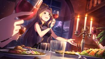 1girl alcohol anime_coloring armband banquet bracelet bread breasts brown_hair candelabra candle candlelight candlestand cleavage cup curtained_hair dinner dress drinking_glass earrings eye_mask fish_(food) food game_cg gem glass gold gold_mask green_eyes green_gemstone green_mask hair_ornament half_eye_mask high_collar high_ponytail idolmaster idolmaster_million_live! idolmaster_million_live!_theater_days indoors jewelry lightning long_hair mask meat night nikaido_chizuru official_art painting_(object) plate ponytail rain ring see-through_cleavage see-through_clothes see-through_dress sitting sleeveless sleeveless_dress storm table third-party_source toasting_(gesture) tree vegetable very_long_hair wide_ponytail window wine wine_glass wristband