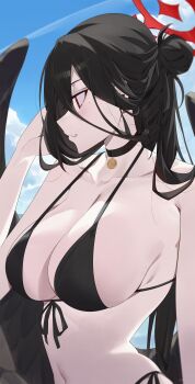 1girl absurdres bell bikini black_bikini black_hair black_wings blue_archive blue_sky breasts cloud day halo hasumi_(blue_archive) hasumi_(swimsuit)_(blue_archive) highres kaa-san large_breasts long_hair navel neck_bell official_alternate_costume outdoors red_halo sky solo swimsuit upper_body wings