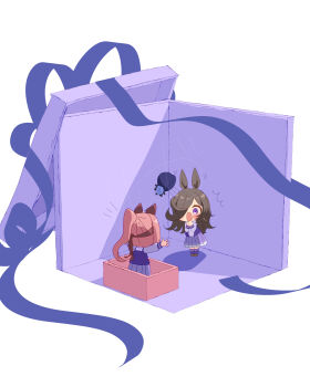 2girls absurdres animal_ears black_hair blue_flower blue_rose box chibi commentary_request ear_covers flower gift gift_box haru_urara_(umamusume) hat hat_flower highres horse_ears horse_girl long_hair multiple_girls pink_hair purple_eyes rice_shower_(umamusume) rose school_uniform tilted_headwear tracen_school_uniform umamusume white_background yunbotan