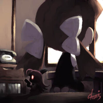 2girls antique_phone archived_source artist_name barefoot black_bow black_dress book bookshelf bow brown_hair chabudai chibi chibi_only commentary drawer dress dress_bow english_commentary from_behind full_body gun hair_bow hoihoi-san holding holding_gun holding_weapon ichigeki_sacchuu!!_hoihoi-san indoors long_dress long_hair long_sidelocks low_twintails lowres multiple_girls official_artist_extra original phone pink_hair profile robot_girl rotary_phone ruby-ko shaded_face short_sleeves sidelocks signature solid_oval_eyes straight_hair table tanaka_kunihiko twintails weapon white_bow white_eyes white_sleeves window window_light