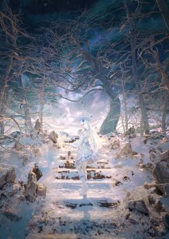 1girl 3d cloud dress galaxy highres k&amp;p_(kptseart) night original rock scenery snow solo star_(sky) tree