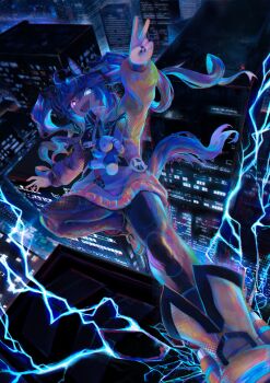 1girl @_@ absurdres ahoge animal_ears arm_up black_leggings black_nails blue_eyes blue_hair boots bow city crossed_bangs drawstring electricity full_body glowing glowing_eyes hair_bow halftone heterochromia highres hood hoodie horse_ears horse_girl horse_tail klooudiie leggings long_hair long_sleeves looking_at_viewer multicolored_hoodie nail_polish night open_mouth purple_eyes sharp_teeth sidelocks solo striped_bow stuffed_animal stuffed_rabbit stuffed_toy tail teeth twin_turbo_(blast_mode!_turbo_engine)_(umamusume) twin_turbo_(umamusume) twintails umamusume v very_long_hair yellow_boots