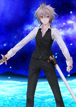 Rule 34 | 1boy, belt, belt buckle, black belt, black pants, black vest, buckle, buttons, clenched hand, closed mouth, collarbone, command spell, dress pants, dress shirt, fate/grand order, fate (series), feet out of frame, grey hair, hair between eyes, hand tattoo, holding, holding sword, holding weapon, konoe ototsugu, legs apart, long sleeves, looking at viewer, male focus, medium hair, night, official art, outstretched arm, pants, partially unbuttoned, petals, red eyes, shirt, sieg (fate), sky, sleeve cuffs, solo, standing, star (sky), starry sky, straight-on, sword, tattoo, third-party source, unsheathed, v-shaped eyebrows, vest, waistcoat, weapon, white shirt
