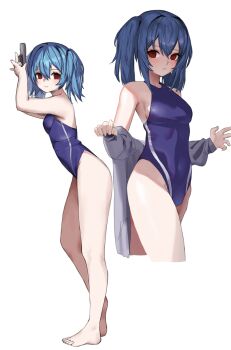 Rule 34 | 1girl, alternate costume, barefoot, blue hair, blush, breasts, closed mouth, colphne (girls' frontline 2), commentary, cropped legs, feet, full body, girls' frontline, girls' frontline 2: exilium, grey jacket, gun, highres, holding, holding gun, holding weapon, jacket, long hair, looking at viewer, lsv0920, medium breasts, multiple views, no pupils, one-piece swimsuit, purple one-piece swimsuit, red eyes, simple background, swimsuit, toes, twintails, weapon, white background