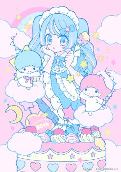 1boy 1girl 2girls absurdres blue_dress blue_eyes blue_hair cake cherry cloud dress food fork fruit full_body happy_(happi_illust) highres holding holding_fork holding_wand kiki_(little_twin_stars) lala_(little_twin_stars) little_twin_stars long_hair looking_at_viewer maid_headdress mini_person miniboy minigirl multiple_girls official_art on_food pink_background pink_hair rainbow robe sanrio socks squatting star_(symbol) wand white_robe white_socks