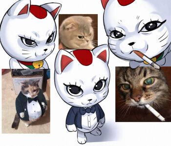 Rule 34 | 1girl, absurdres, bell, cat, cigarette, collar, commentary, dandadan, english commentary, highres, kirtome, maneki-neko, neck bell, photo-referenced, photo inset, red collar, reference inset, smoking, turbo granny (dandadan), tuxedo, whiskers